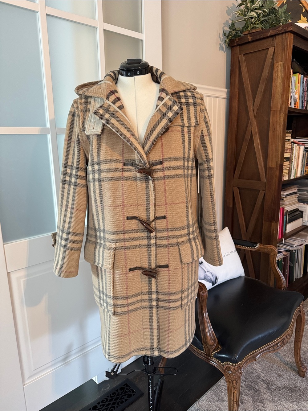 Burberry Wool Tan Plaid Duffle Coat